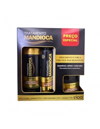 KIT SHAMPOO+SPRAY+MASCARA EICO 450/120/270ML MANDIOCA