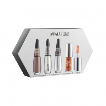 KIT IMPALA JU PAES VIRANDO O JOGO 1 ESMALTE PEÇA RARA + 1 TOP COAT + 1 SERUM HIDR + 1 LIP OIL NUDE T