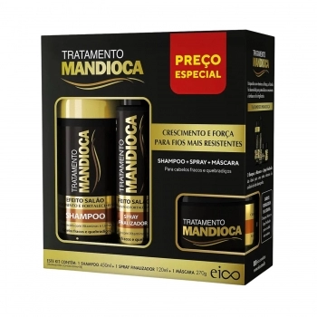 KIT SHAMPOO+SPRAY+MASCARA EICO 450/120/270ML MANDIOCA