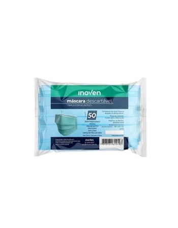 MASCARA INOVEN DESCARTAVEL ELASTICO PACOTE 50UN TRIPLA AZUL
